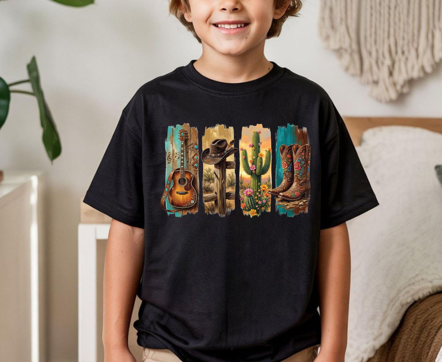 Western Aesthetic T Shirt Adult Youth Toddler Baby Acoustic Guitar Cowboy Hat Cactus Floral Boots Graphic Tee Country Music Retro Rodeo Gift