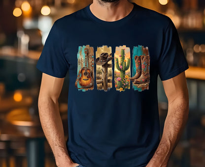 Western Aesthetic T Shirt Adult Youth Toddler Baby Acoustic Guitar Cowboy Hat Cactus Floral Boots Graphic Tee Country Music Retro Rodeo Gift