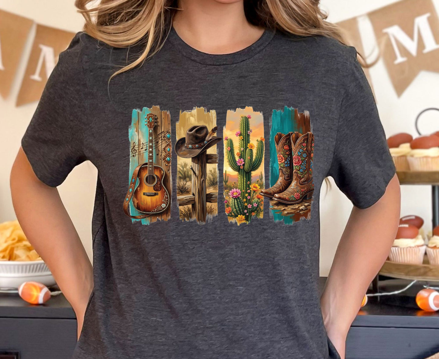 Western Aesthetic T Shirt Adult Youth Toddler Baby Acoustic Guitar Cowboy Hat Cactus Floral Boots Graphic Tee Country Music Retro Rodeo Gift