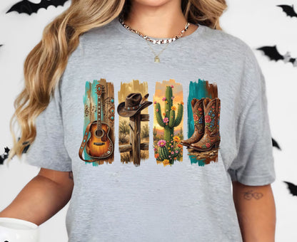 Western Aesthetic T Shirt Adult Youth Toddler Baby Acoustic Guitar Cowboy Hat Cactus Floral Boots Graphic Tee Country Music Retro Rodeo Gift