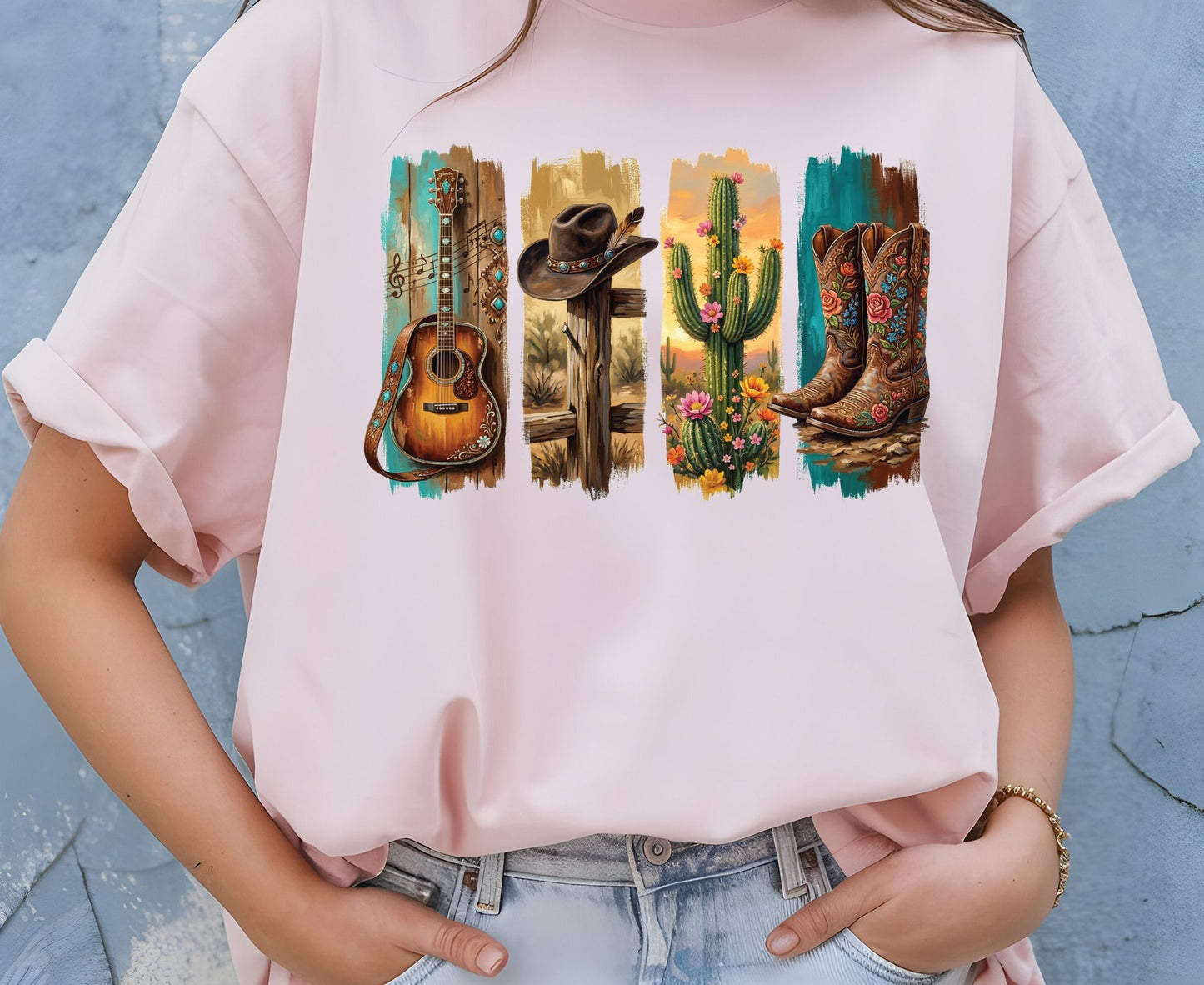 Western Aesthetic T Shirt Adult Youth Toddler Baby Acoustic Guitar Cowboy Hat Cactus Floral Boots Graphic Tee Country Music Retro Rodeo Gift