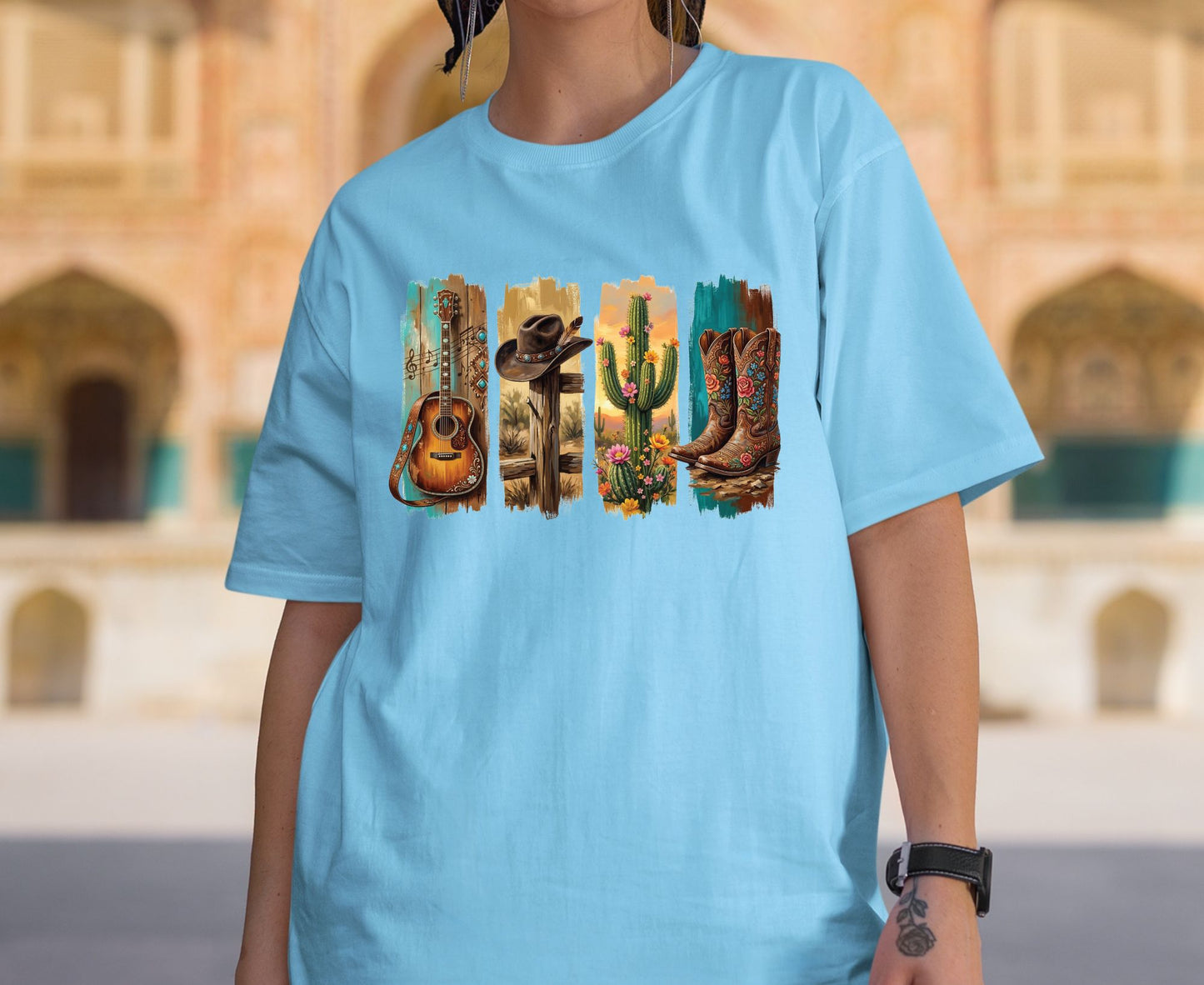 Western Aesthetic T Shirt Adult Youth Toddler Baby Acoustic Guitar Cowboy Hat Cactus Floral Boots Graphic Tee Country Music Retro Rodeo Gift