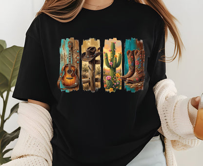 Western Aesthetic T Shirt Adult Youth Toddler Baby Acoustic Guitar Cowboy Hat Cactus Floral Boots Graphic Tee Country Music Retro Rodeo Gift
