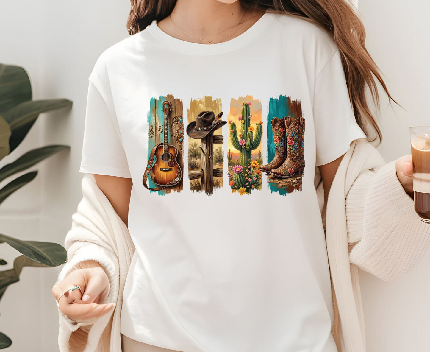 Western Aesthetic T Shirt Adult Youth Toddler Baby Acoustic Guitar Cowboy Hat Cactus Floral Boots Graphic Tee Country Music Retro Rodeo Gift