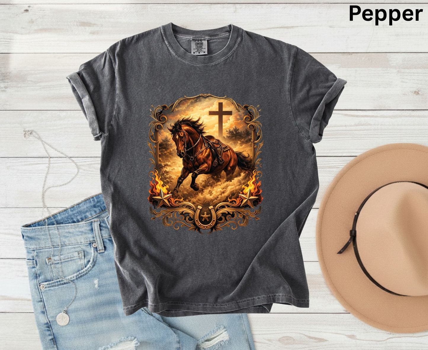 Western Horse Cross T Shirt Christian Cowboy Tee Religious Stallion Shirt Faith Gift Adult Youth Toddler Baby Country Spirit Apparel