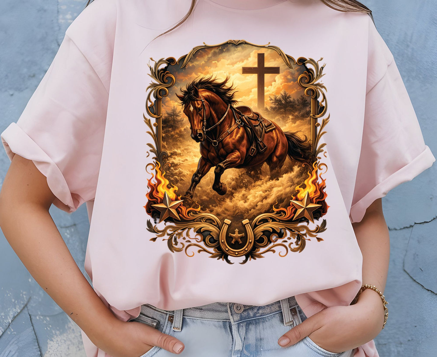 Western Horse Cross T Shirt Christian Cowboy Tee Religious Stallion Shirt Faith Gift Adult Youth Toddler Baby Country Spirit Apparel