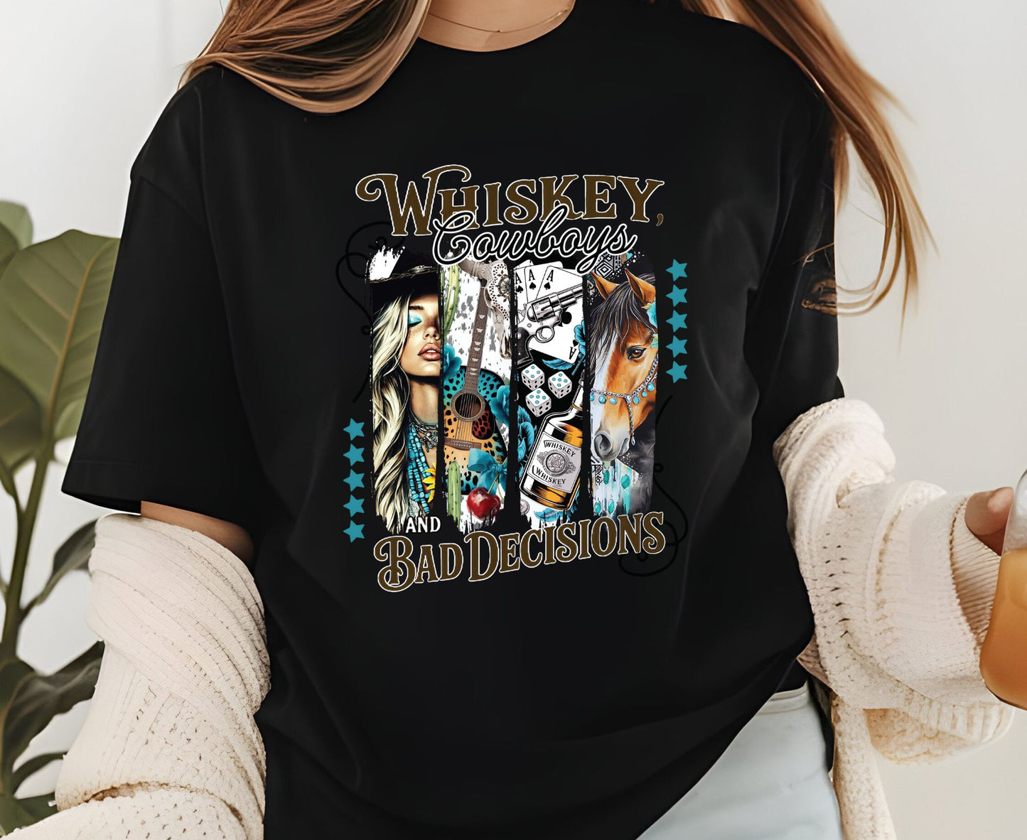 Whiskey Cowboys and Bad Decisions T Shirt Adult Youth Toddler Baby Western Graphic Tee Country Girl Aesthetic Retro Rodeo Horse Cactus Gift