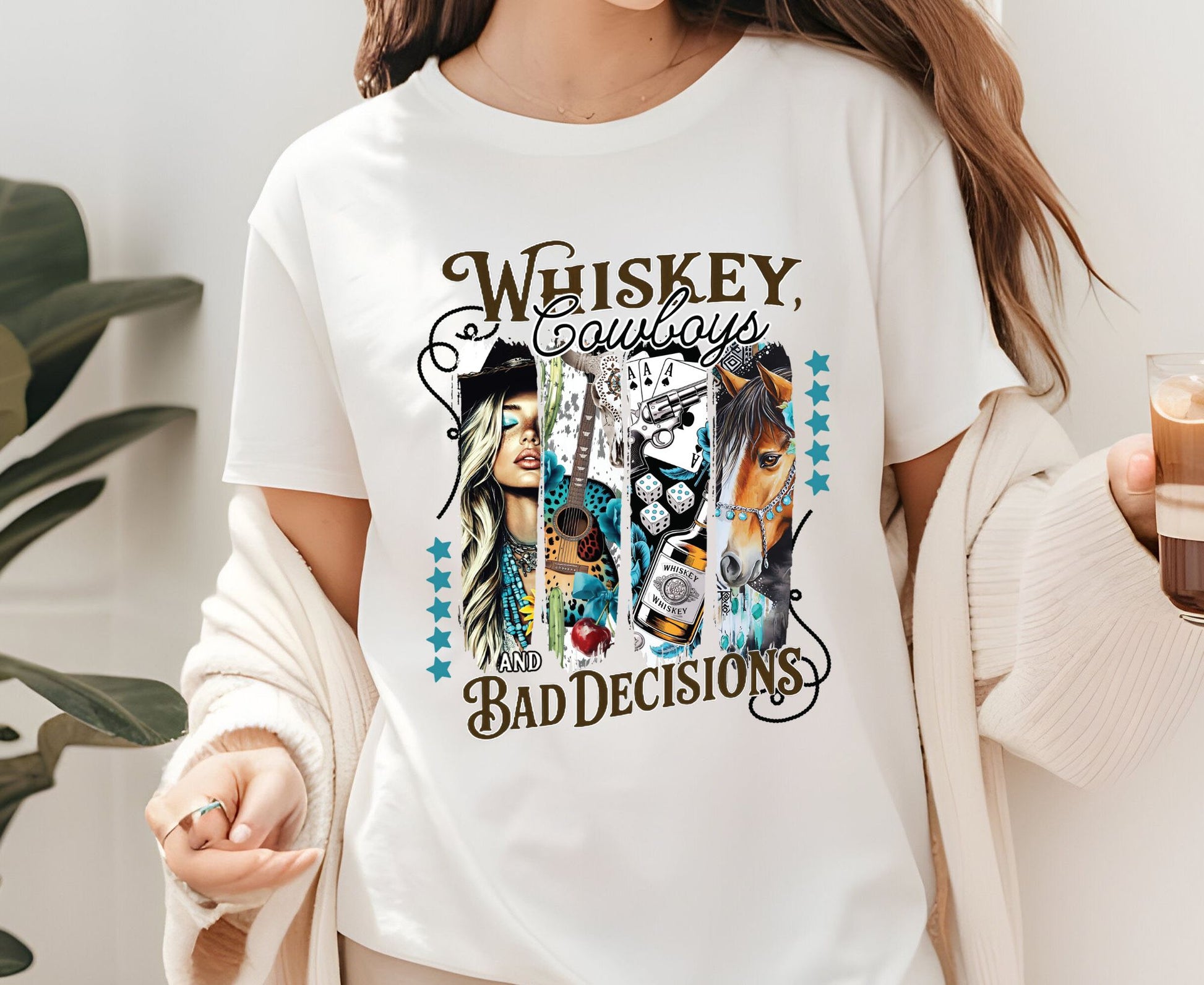 Whiskey Cowboys and Bad Decisions T Shirt Adult Youth Toddler Baby Western Graphic Tee Country Girl Aesthetic Retro Rodeo Horse Cactus Gift