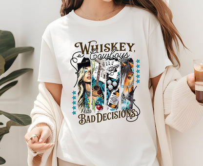 Whiskey Cowboys and Bad Decisions T Shirt Adult Youth Toddler Baby Western Graphic Tee Country Girl Aesthetic Retro Rodeo Horse Cactus Gift