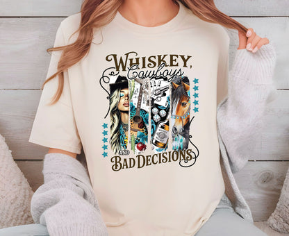 Whiskey Cowboys and Bad Decisions T Shirt Adult Youth Toddler Baby Western Graphic Tee Country Girl Aesthetic Retro Rodeo Horse Cactus Gift