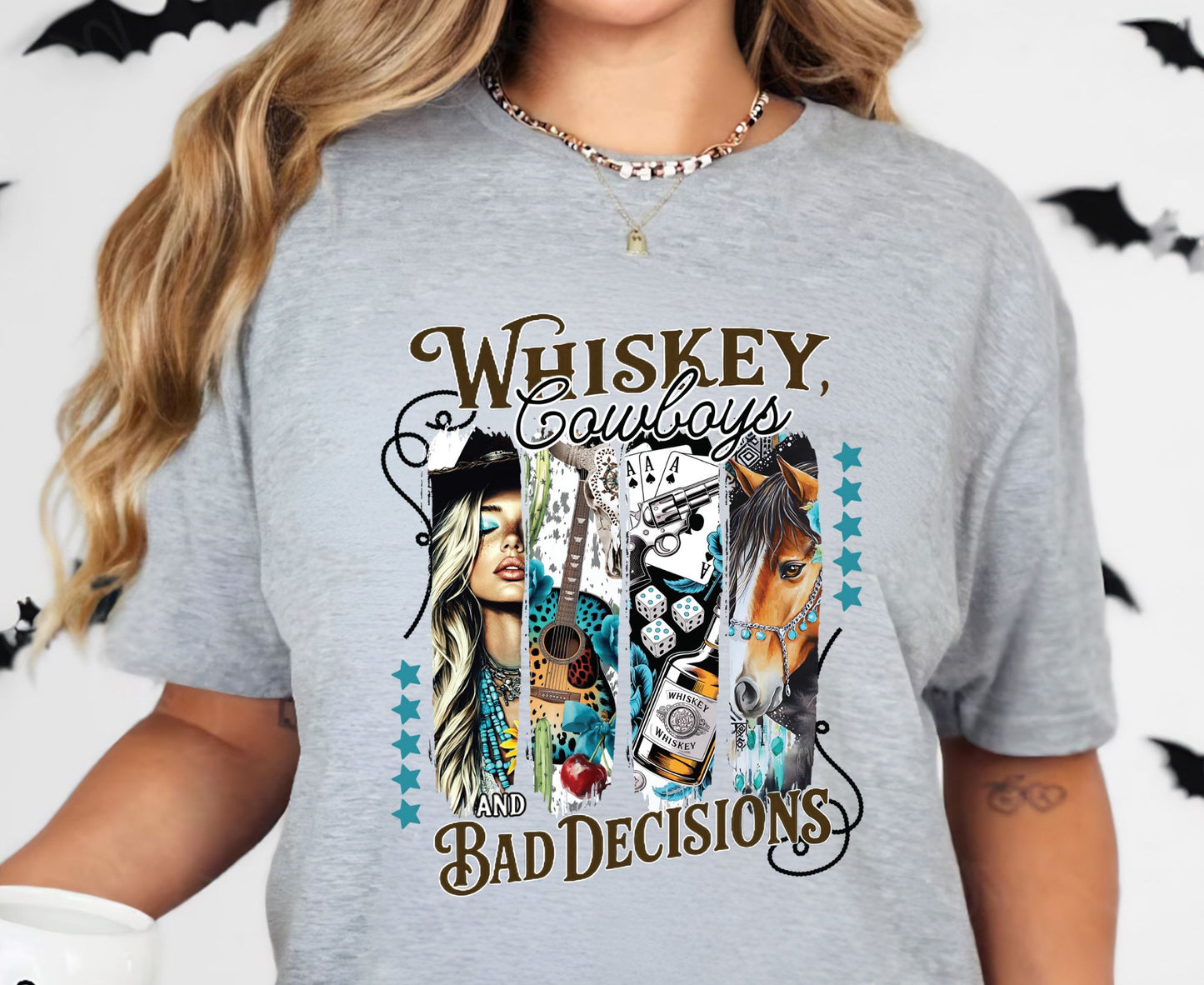 Whiskey Cowboys and Bad Decisions T Shirt Adult Youth Toddler Baby Western Graphic Tee Country Girl Aesthetic Retro Rodeo Horse Cactus Gift