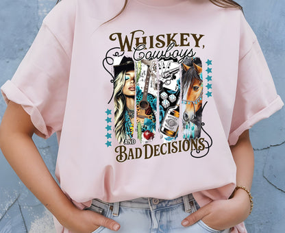 Whiskey Cowboys and Bad Decisions T Shirt Adult Youth Toddler Baby Western Graphic Tee Country Girl Aesthetic Retro Rodeo Horse Cactus Gift