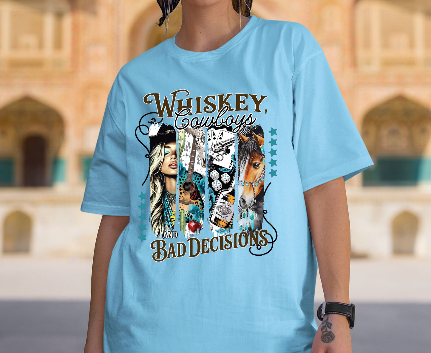 Whiskey Cowboys and Bad Decisions T Shirt Adult Youth Toddler Baby Western Graphic Tee Country Girl Aesthetic Retro Rodeo Horse Cactus Gift