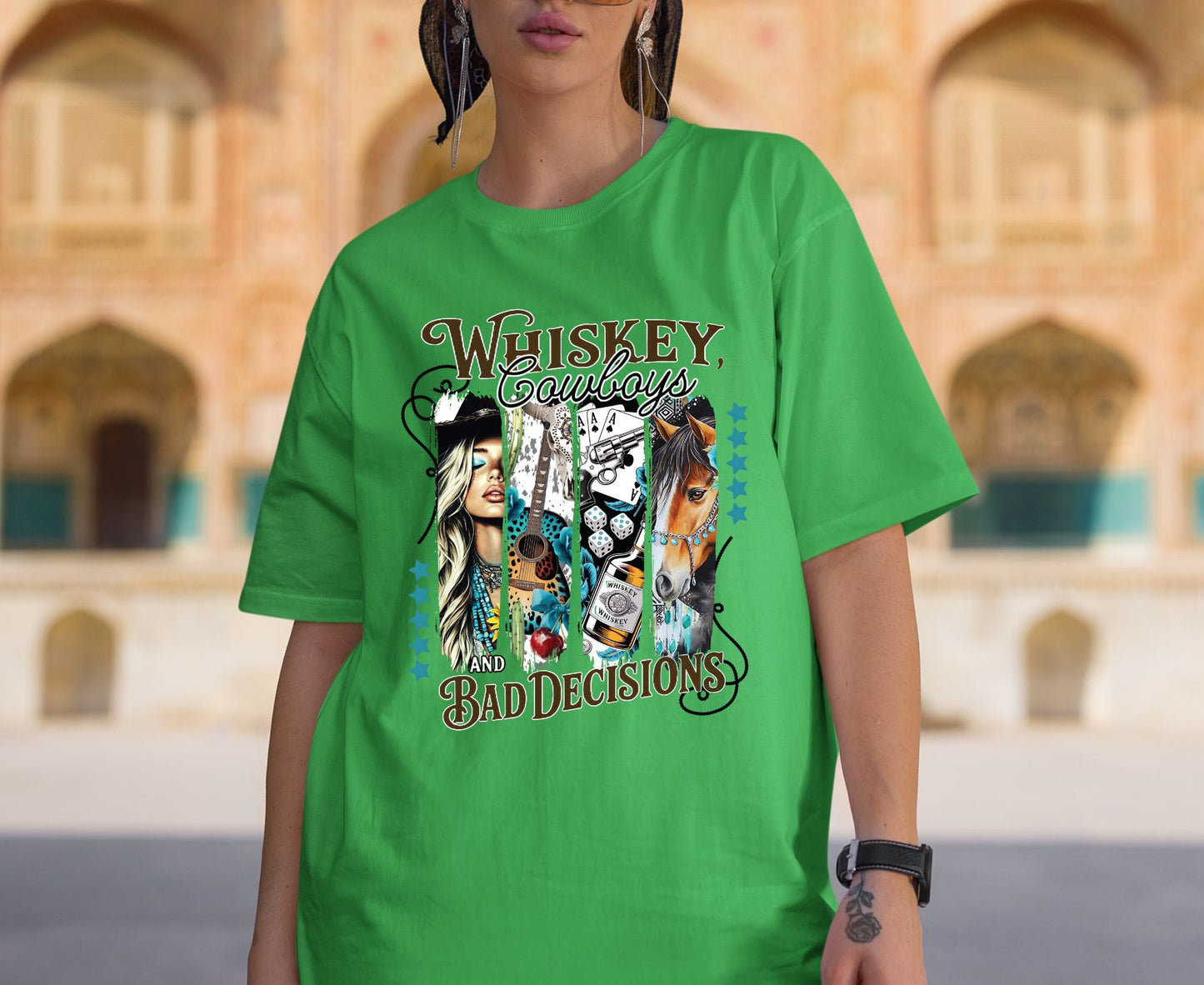 Whiskey Cowboys and Bad Decisions T Shirt Adult Youth Toddler Baby Western Graphic Tee Country Girl Aesthetic Retro Rodeo Horse Cactus Gift