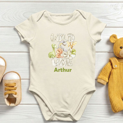 Wild One 1st Birthday Boy Shirt Personalized Dinosaur First Birthday Bodysuit Custom Name One Year Old Outfit T-Rex Watercolor Birthday Tee