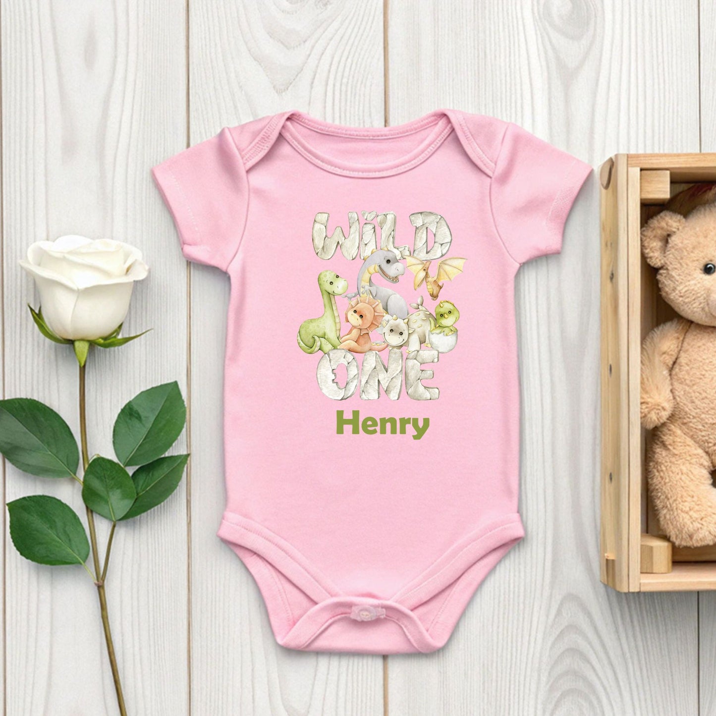 Wild One 1st Birthday Boy Shirt Personalized Dinosaur First Birthday Bodysuit Custom Name One Year Old Outfit T-Rex Watercolor Birthday Tee