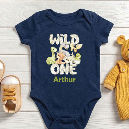 Wild One 1st Birthday Boy Shirt Personalized Dinosaur First Birthday Bodysuit Custom Name One Year Old Outfit T-Rex Watercolor Birthday Tee