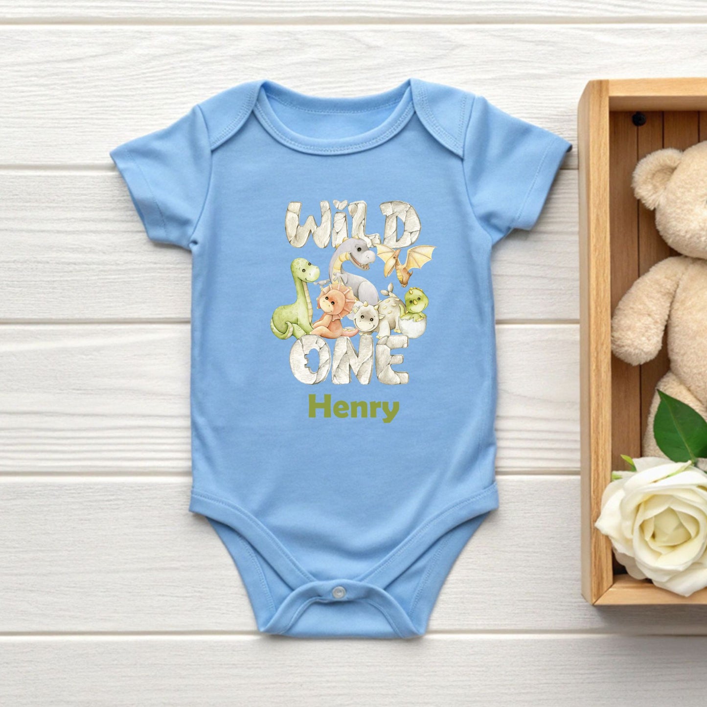 Wild One 1st Birthday Boy Shirt Personalized Dinosaur First Birthday Bodysuit Custom Name One Year Old Outfit T-Rex Watercolor Birthday Tee