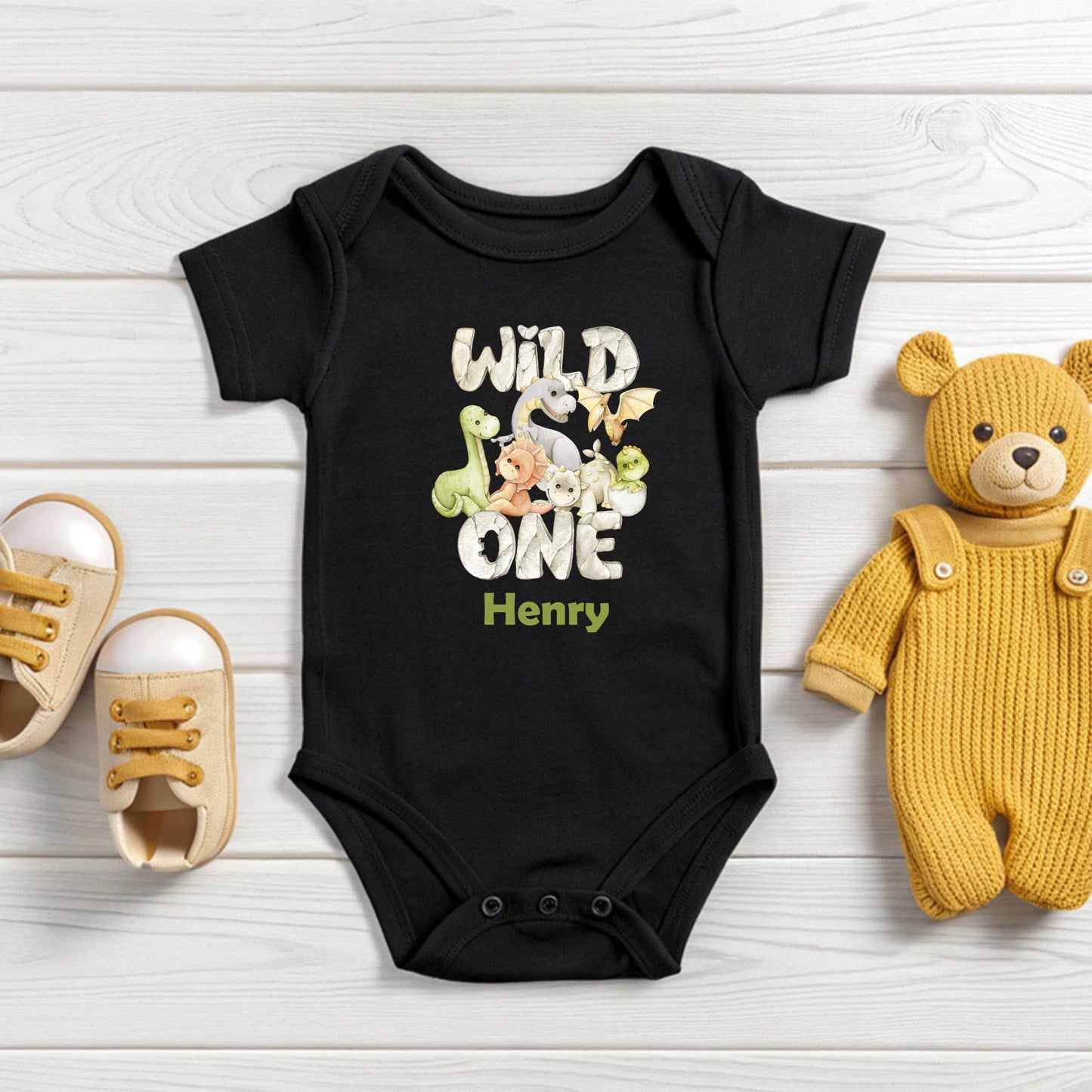 Wild One 1st Birthday Boy Shirt Personalized Dinosaur First Birthday Bodysuit Custom Name One Year Old Outfit T-Rex Watercolor Birthday Tee