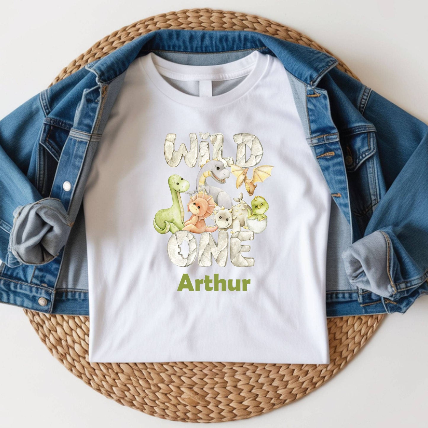 Wild One 1st Birthday Boy Shirt Personalized Dinosaur First Birthday Bodysuit Custom Name One Year Old Outfit T-Rex Watercolor Birthday Tee