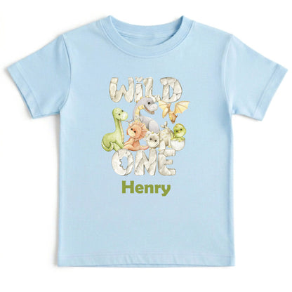 Wild One 1st Birthday Boy Shirt Personalized Dinosaur First Birthday Bodysuit Custom Name One Year Old Outfit T-Rex Watercolor Birthday Tee