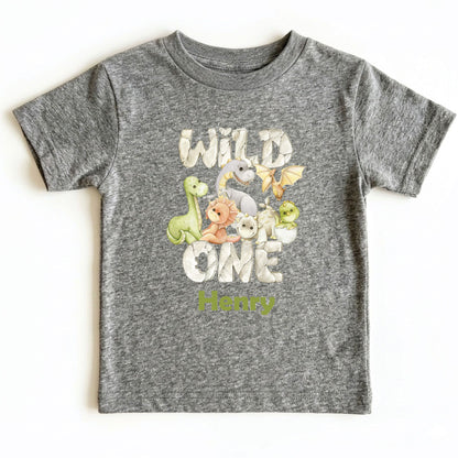 Wild One 1st Birthday Boy Shirt Personalized Dinosaur First Birthday Bodysuit Custom Name One Year Old Outfit T-Rex Watercolor Birthday Tee