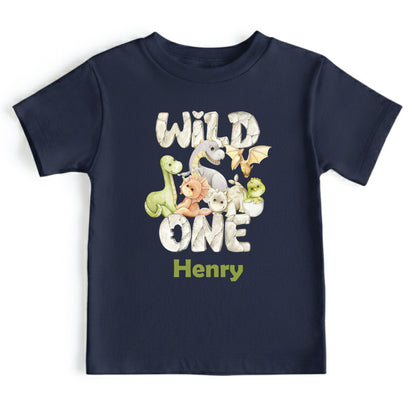 Wild One 1st Birthday Boy Shirt Personalized Dinosaur First Birthday Bodysuit Custom Name One Year Old Outfit T-Rex Watercolor Birthday Tee