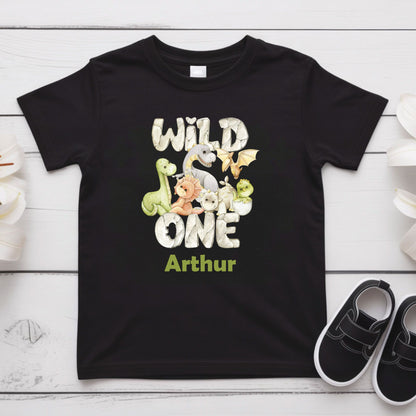 Wild One 1st Birthday Boy Shirt Personalized Dinosaur First Birthday Bodysuit Custom Name One Year Old Outfit T-Rex Watercolor Birthday Tee