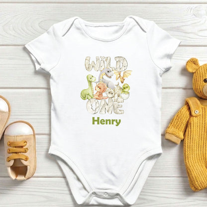 Wild One 1st Birthday Boy Shirt Personalized Dinosaur First Birthday Bodysuit Custom Name One Year Old Outfit T-Rex Watercolor Birthday Tee