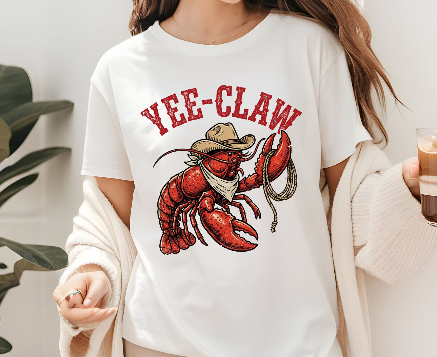 Yee-Claw T Shirt Adult Youth Toddler Baby Lobster Cowboy Western Graphic Tee Funny Sea Creature Retro Rodeo Lasso Southern Humor Coastal Gift