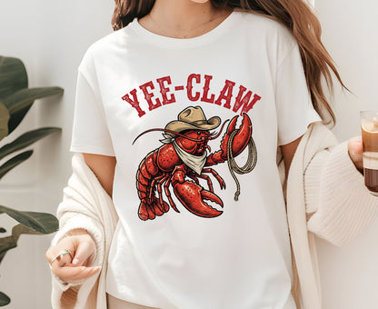 Yee-Claw T Shirt Adult Youth Toddler Baby Lobster Cowboy Western Graphic Tee Funny Sea Creature Retro Rodeo Lasso Southern Humor Coastal Gift