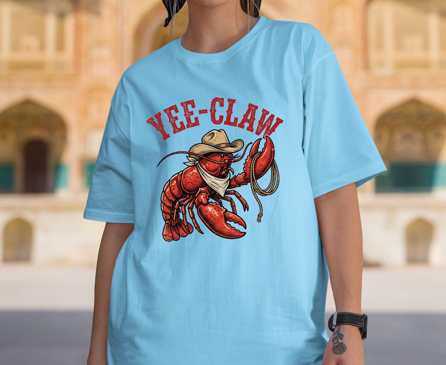 Yee-Claw T Shirt Adult Youth Toddler Baby Lobster Cowboy Western Graphic Tee Funny Sea Creature Retro Rodeo Lasso Southern Humor Coastal Gift
