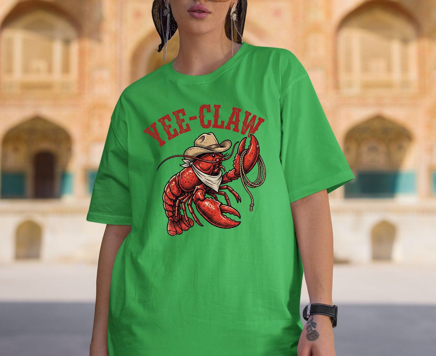 Yee-Claw T Shirt Adult Youth Toddler Baby Lobster Cowboy Western Graphic Tee Funny Sea Creature Retro Rodeo Lasso Southern Humor Coastal Gift