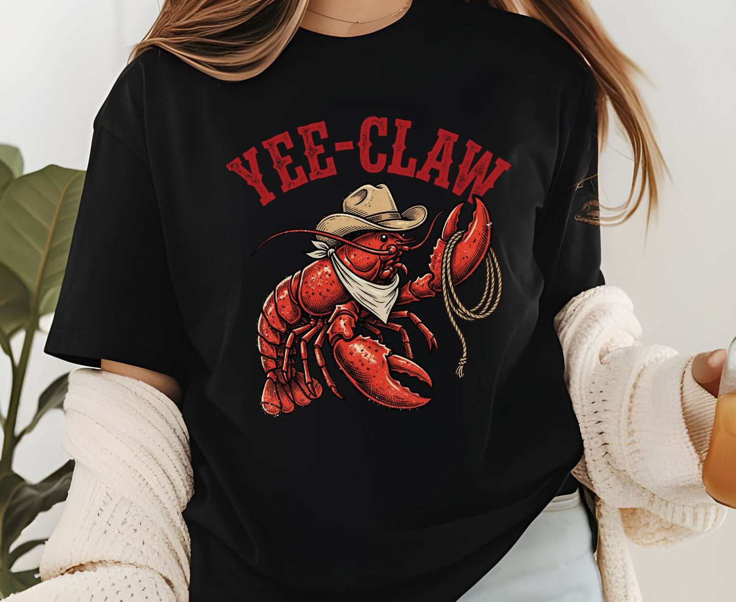 Yee-Claw T Shirt Adult Youth Toddler Baby Lobster Cowboy Western Graphic Tee Funny Sea Creature Retro Rodeo Lasso Southern Humor Coastal Gift