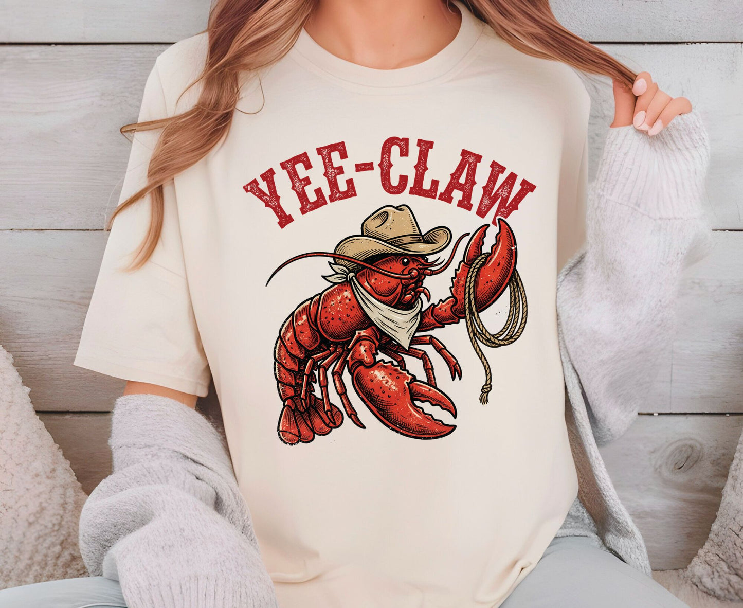 Yee-Claw T Shirt Adult Youth Toddler Baby Lobster Cowboy Western Graphic Tee Funny Sea Creature Retro Rodeo Lasso Southern Humor Coastal Gift