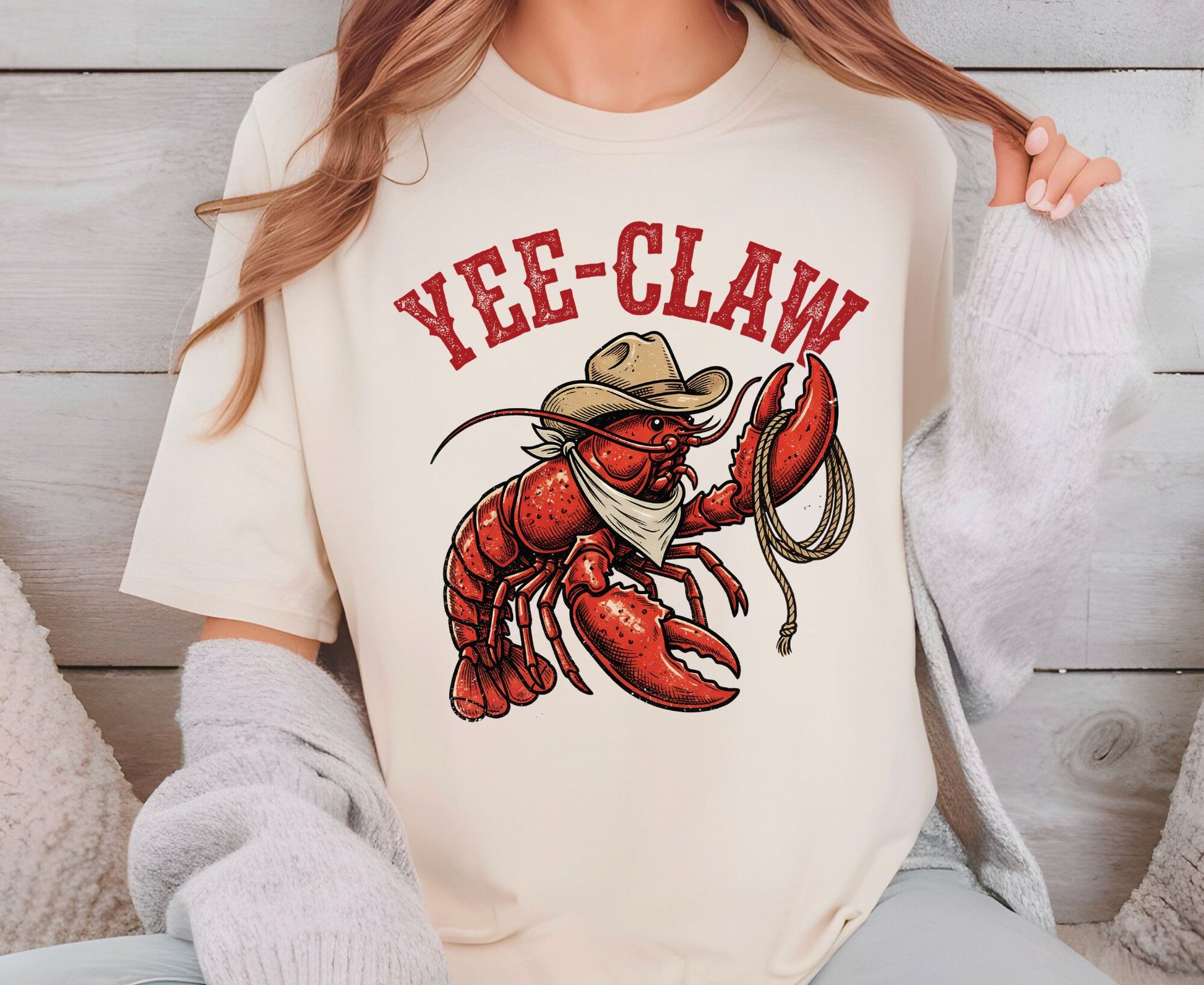 Yee-Claw T Shirt Adult Youth Toddler Baby Lobster Cowboy Western Graphic Tee Funny Sea Creature Retro Rodeo Lasso Southern Humor Coastal Gift