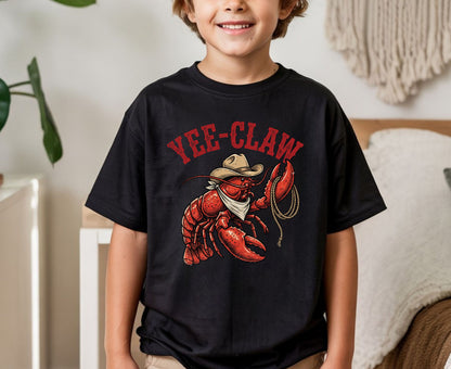 Yee-Claw T Shirt Adult Youth Toddler Baby Lobster Cowboy Western Graphic Tee Funny Sea Creature Retro Rodeo Lasso Southern Humor Coastal Gift