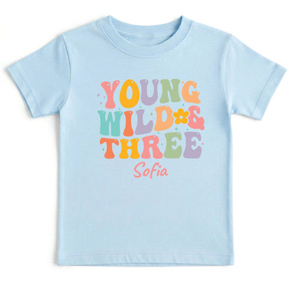 Young Wild and Three Shirt Groovy 3rd Birthday Girl Shirt Personalized Name Three Year Old Toddler Tee Retro Birthday Childrens Outfit