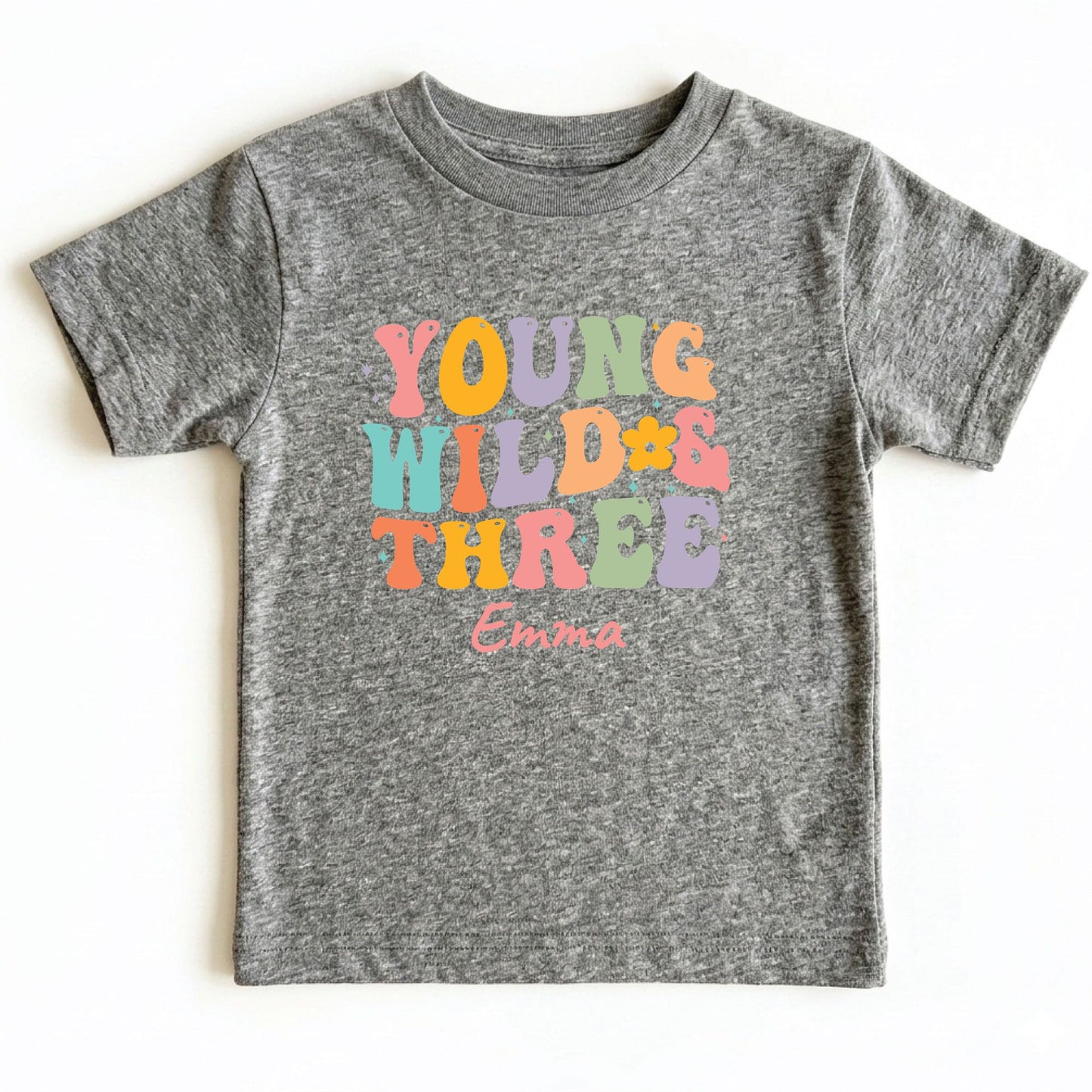 Young Wild and Three Shirt Groovy 3rd Birthday Girl Shirt Personalized Name Three Year Old Toddler Tee Retro Birthday Childrens Outfit