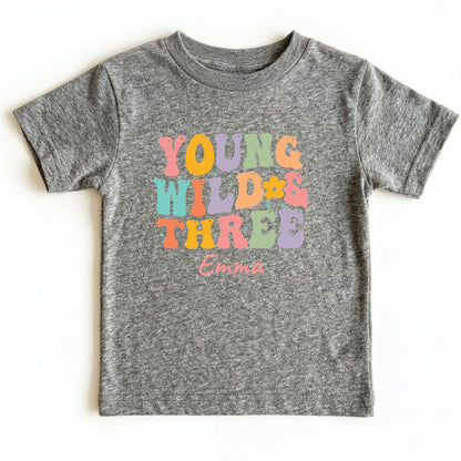 Young Wild and Three Shirt Groovy 3rd Birthday Girl Shirt Personalized Name Three Year Old Toddler Tee Retro Birthday Childrens Outfit