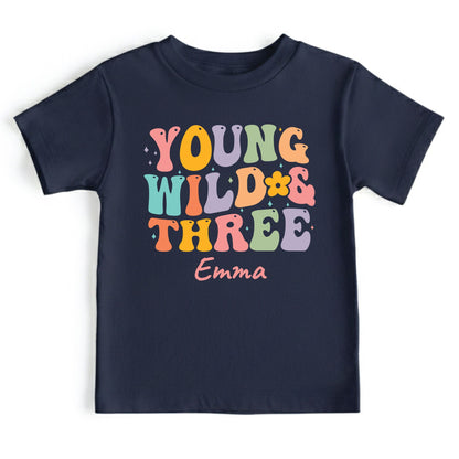 Young Wild and Three Shirt Groovy 3rd Birthday Girl Shirt Personalized Name Three Year Old Toddler Tee Retro Birthday Childrens Outfit