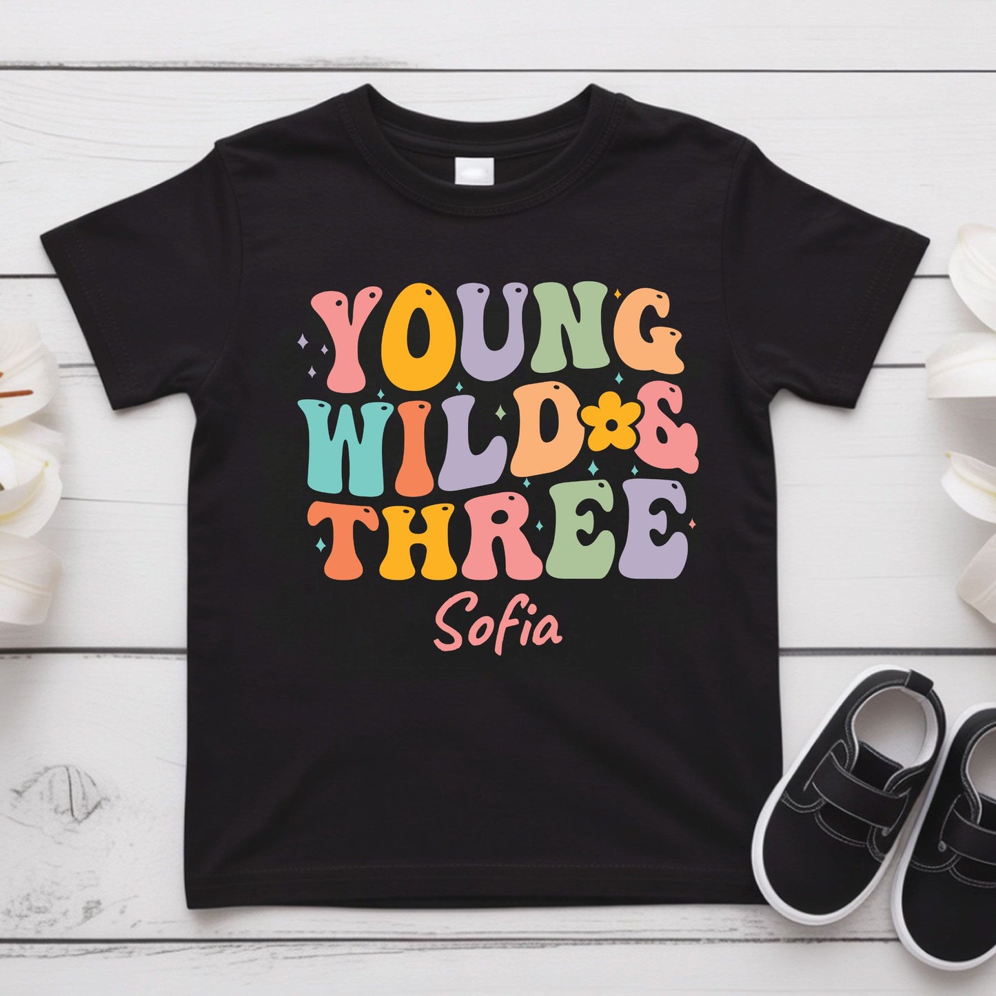 Young Wild and Three Shirt Groovy 3rd Birthday Girl Shirt Personalized Name Three Year Old Toddler Tee Retro Birthday Childrens Outfit