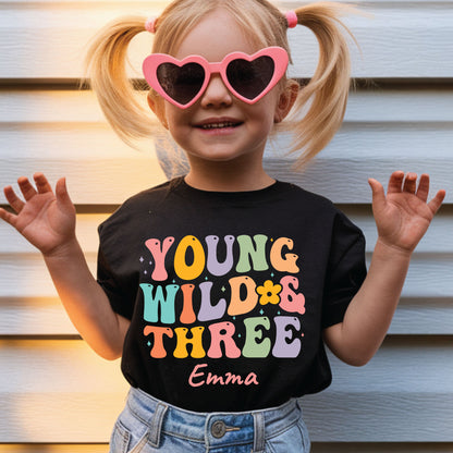 Young Wild and Three Shirt Groovy 3rd Birthday Girl Shirt Personalized Name Three Year Old Toddler Tee Retro Birthday Childrens Outfit
