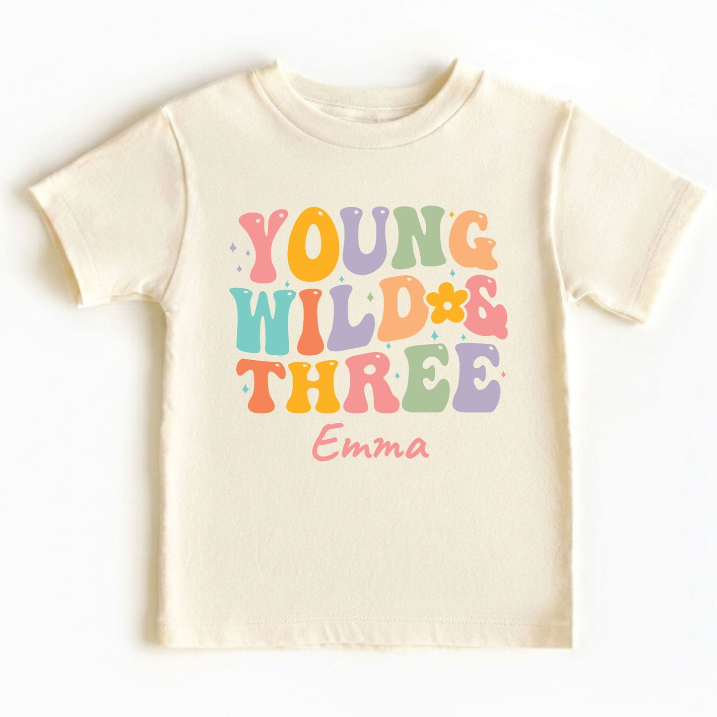 Young Wild and Three Shirt Groovy 3rd Birthday Girl Shirt Personalized Name Three Year Old Toddler Tee Retro Birthday Childrens Outfit