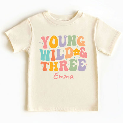 Young Wild and Three Shirt Groovy 3rd Birthday Girl Shirt Personalized Name Three Year Old Toddler Tee Retro Birthday Childrens Outfit
