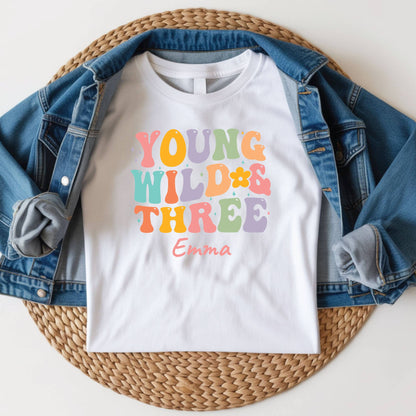 Young Wild and Three Shirt Groovy 3rd Birthday Girl Shirt Personalized Name Three Year Old Toddler Tee Retro Birthday Childrens Outfit
