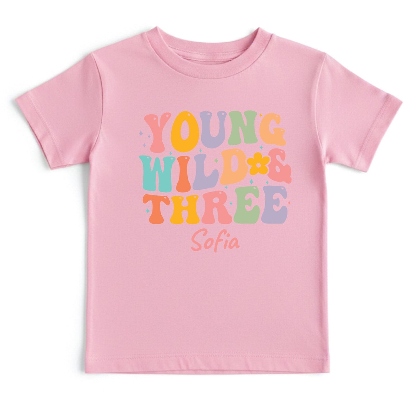 Young Wild and Three Shirt Groovy 3rd Birthday Girl Shirt Personalized Name Three Year Old Toddler Tee Retro Birthday Childrens Outfit