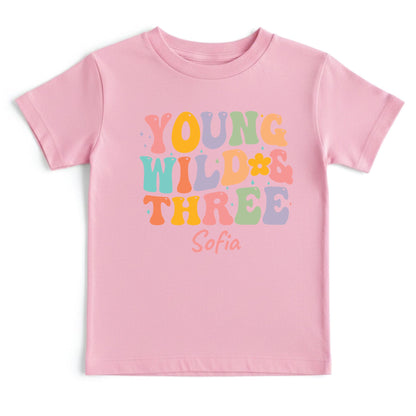 Young Wild and Three Shirt Groovy 3rd Birthday Girl Shirt Personalized Name Three Year Old Toddler Tee Retro Birthday Childrens Outfit