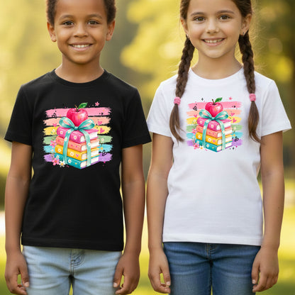 Coquette Stacked Books Teacher T-Shirt, Apple Ribbon Colorful Brushstrokes Comfort Color Tee
