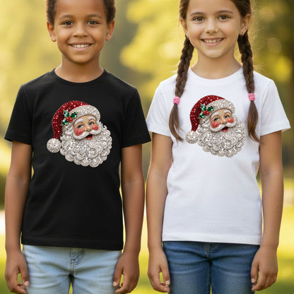 Christmas Santa Claus Vintage T-Shirt, Bejeweled Rhinestone Santa Head Festive Holiday Tee